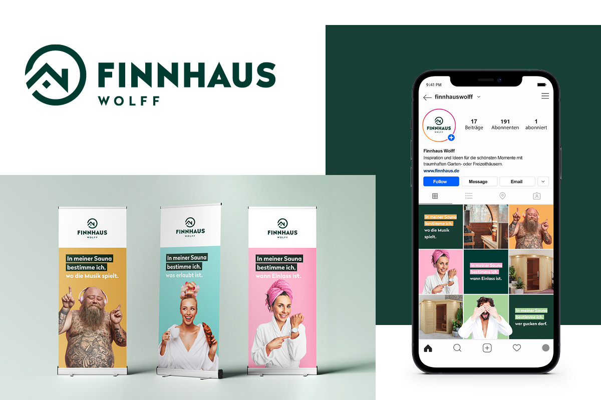 Finnhaus Wolff; drei Farbflächen: weiß, mint und dunkelgrün; zwei Mockups: Rollups und Handy mit Instagram-Feed | Fachhandel der Zukunft | OPUS Marketing